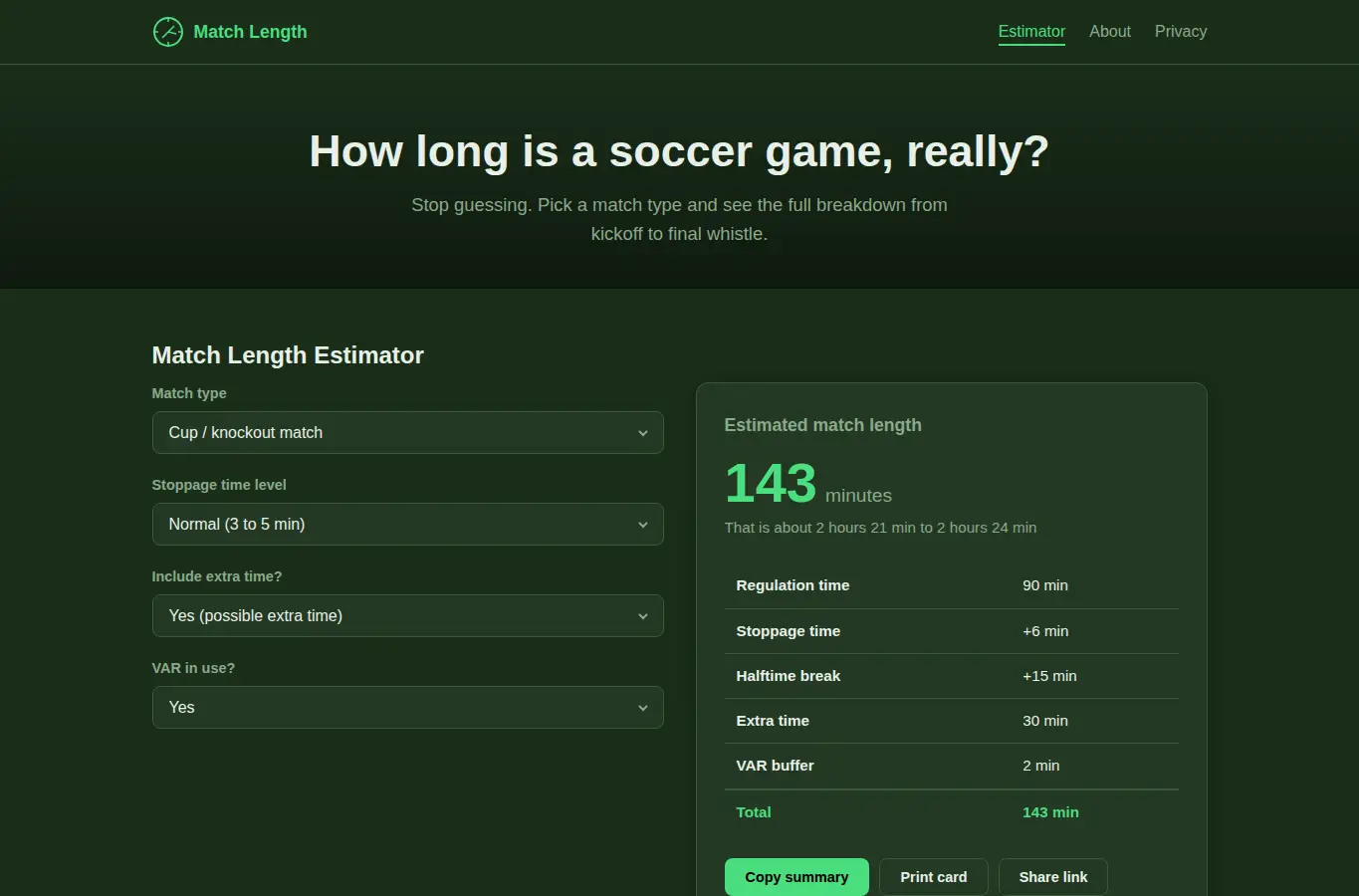 Screenshot of Soccer Game Length Estimator interface showing the project page in use